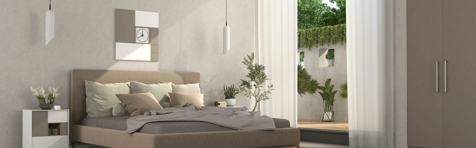 Brown and beige modern master bedroom with double bed, nightstand and wardrobe - 3d rendering